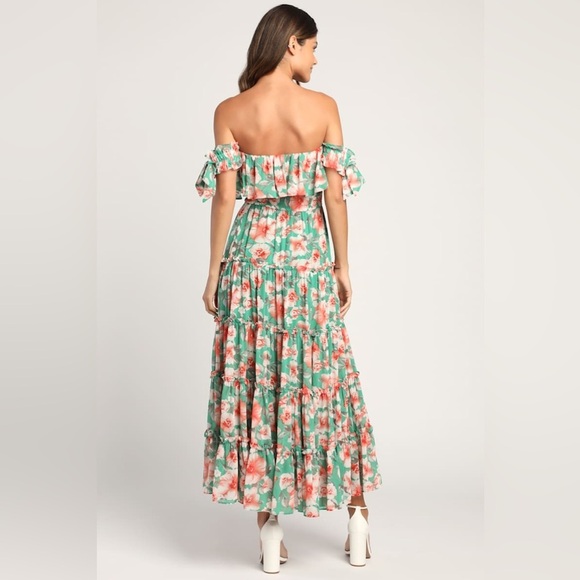 Lulus Chance For Us Green Floral Off-the-Shoulder Ruffled Maxi Dress Size Large. - Picture 13 of 16